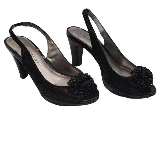Karen Scott Brandyy Black Snakeskin Leather Beaded Peep Toe Slingback Pumps sz 7 - Picture 1 of 4